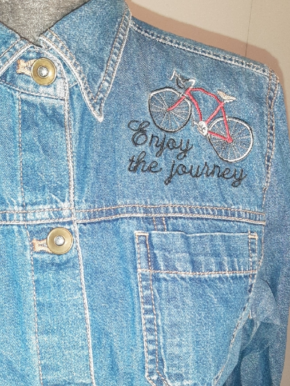 Erikaπ"ENJOY THE JOURNEY-TRAVEL" Denim Jacket, Embroidered Paris Motifs Sz 8/M - Picture 5 of 10